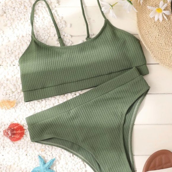 Green Ribbed High Waist Bikini Swimsuit Bathing Suit - Picture 5 of 8